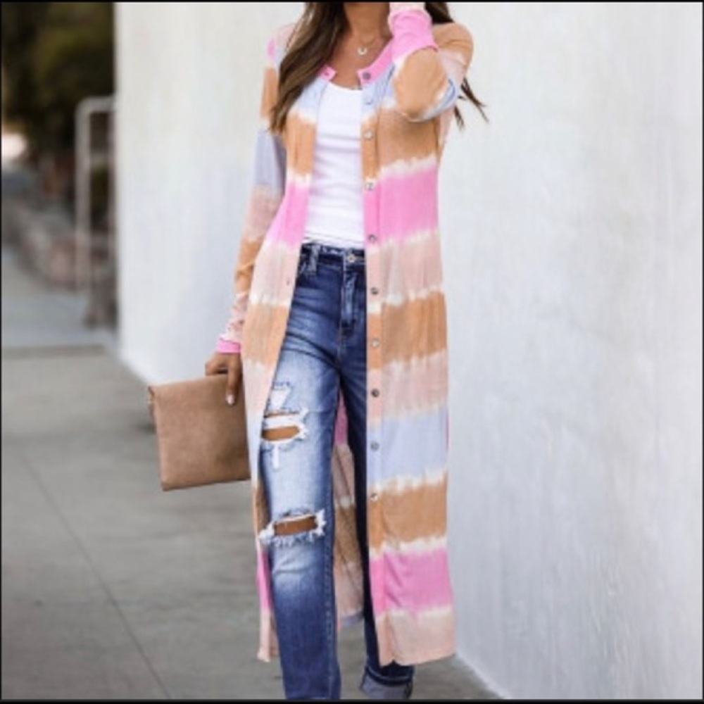 Colorblock Long Pink/Brown Cardigan